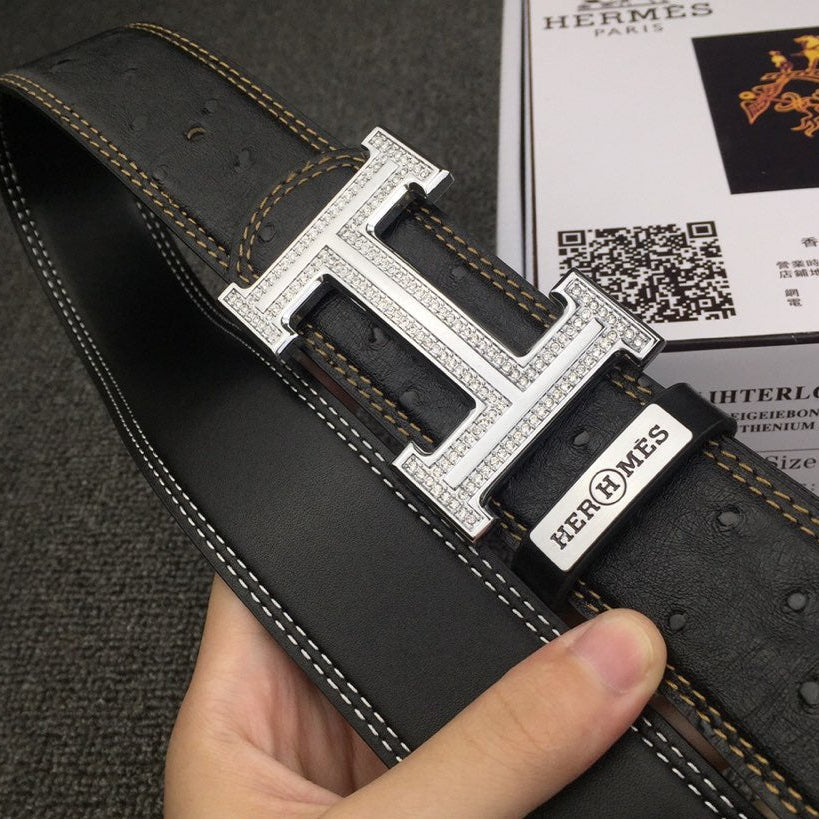 HM Belt 38mm Black Cowhide Leather Sliver Diamond Buckle 619512