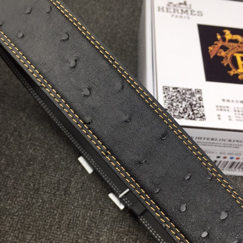 HM Belt 38mm Black Cowhide Leather Sliver Diamond Buckle 619512