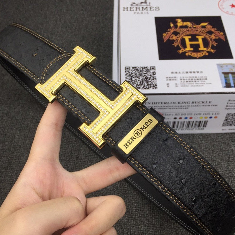 HM Belt 38mm Black Cowhide Leather Gold Diamond Buckle 619513