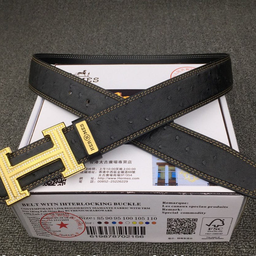 HM Belt 38mm Black Cowhide Leather Gold Diamond Buckle 619513