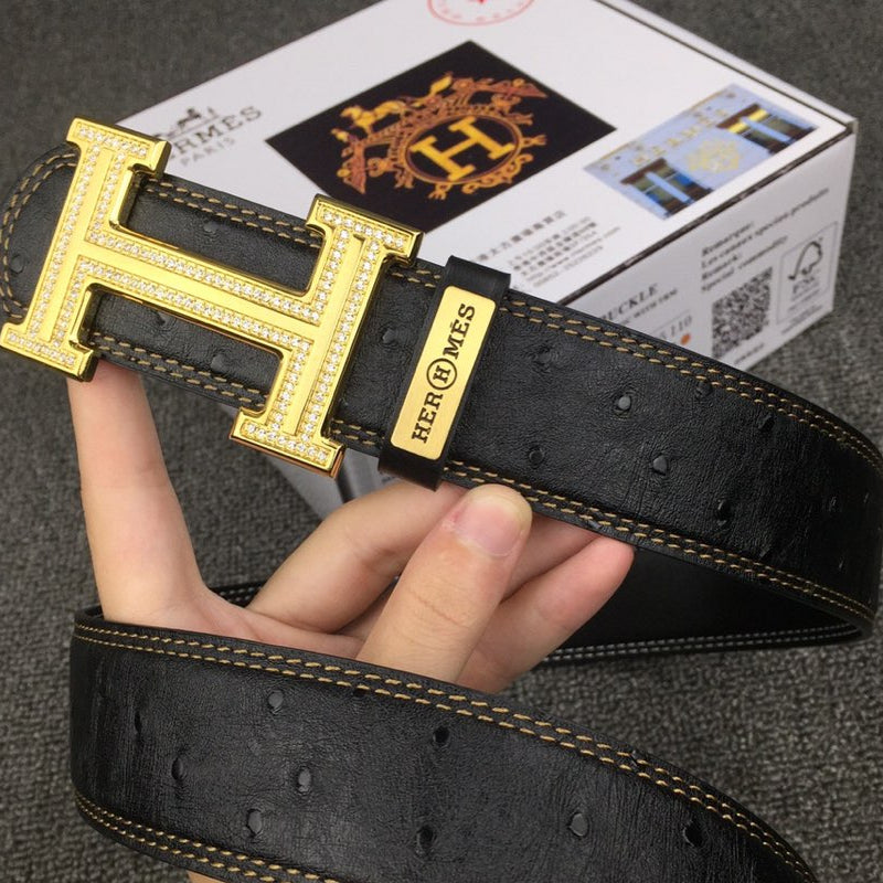HM Belt 38mm Black Cowhide Leather Gold Diamond Buckle 619513