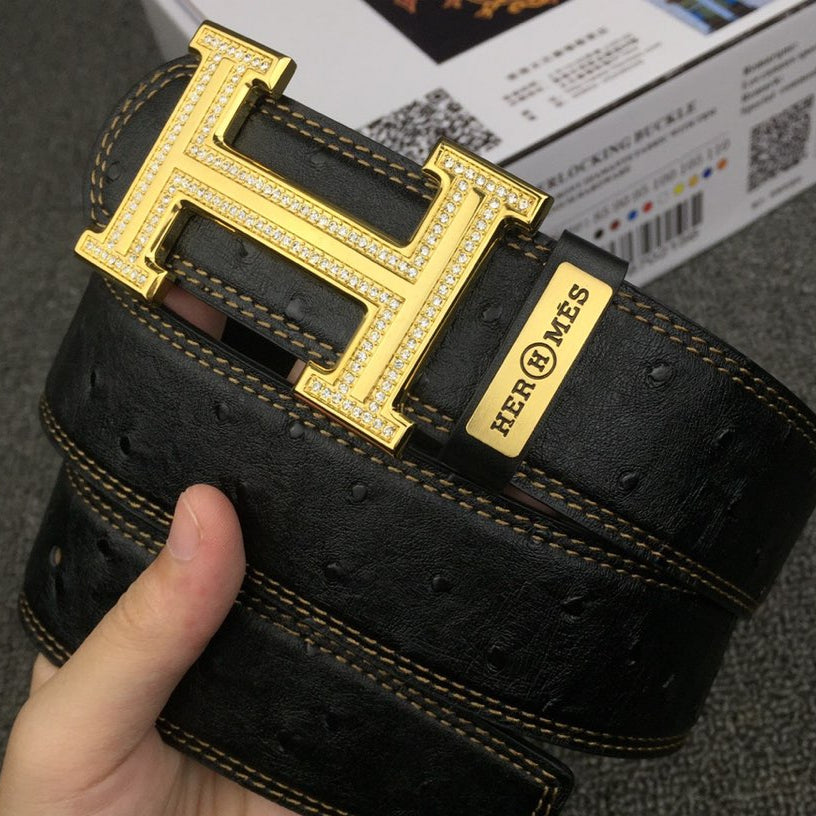 HM Belt 38mm Black Cowhide Leather Gold Diamond Buckle 619513