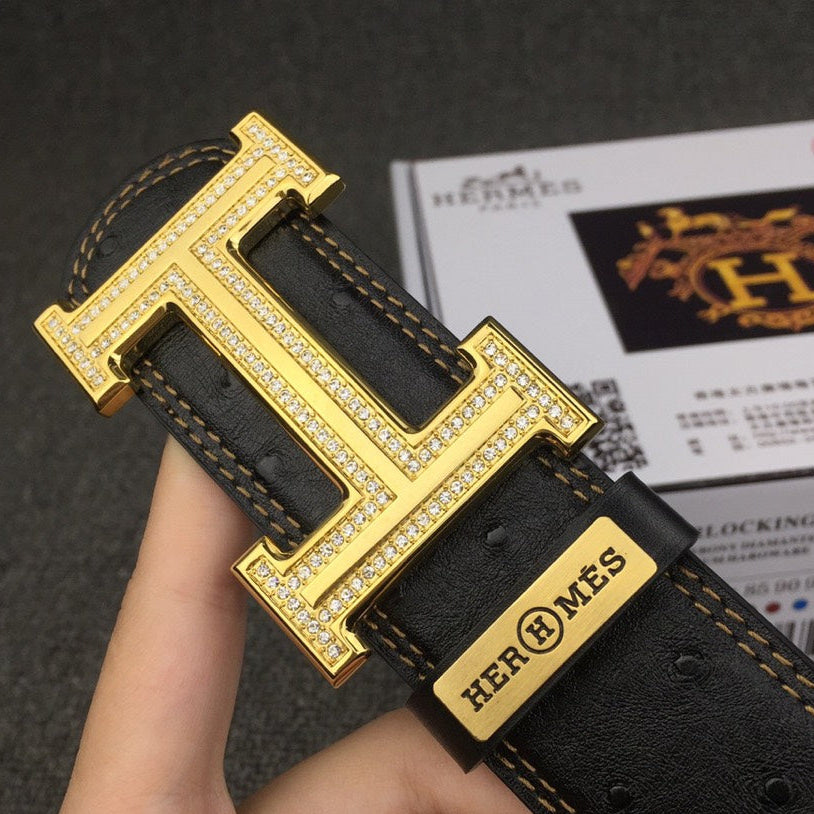 HM Belt 38mm Black Cowhide Leather Gold Diamond Buckle 619513