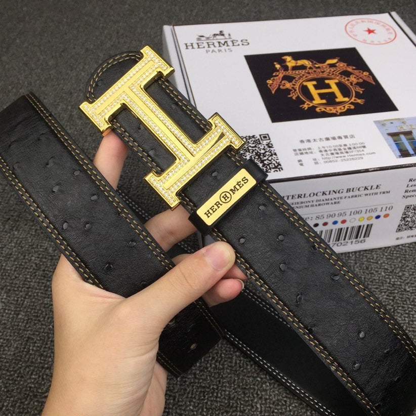 HM Belt 38mm Black Cowhide Leather Gold Diamond Buckle 619513