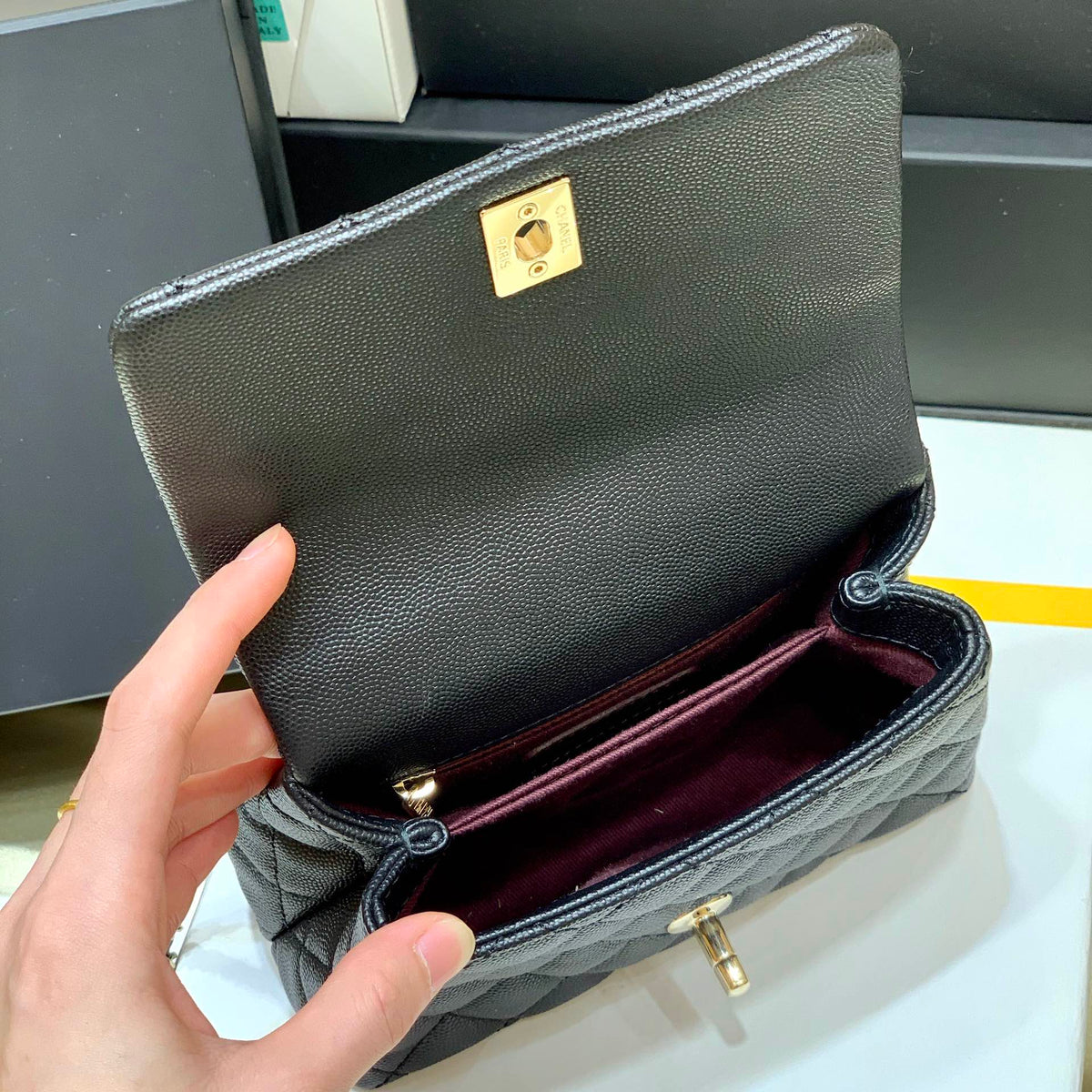 CC 24K Coco Hanle Mini 19cm Black Red Grained Calfskin Gold Hardware