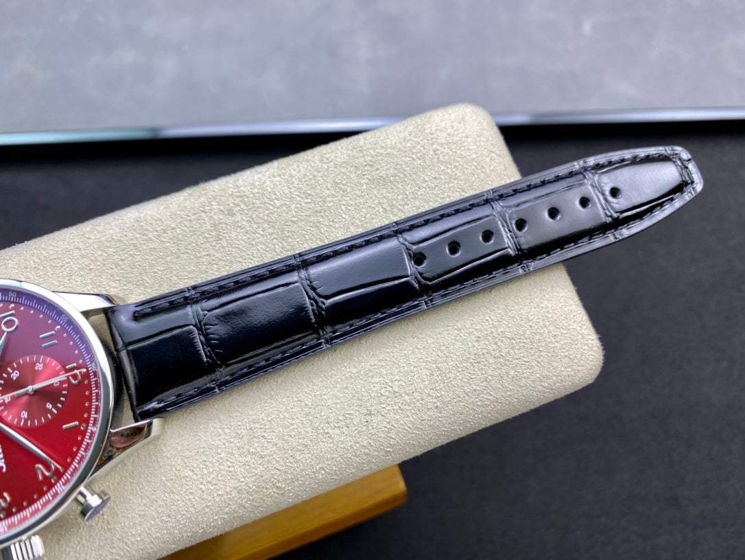 IWC Portuguese 40mm Red Dial Steel Case Black Leather