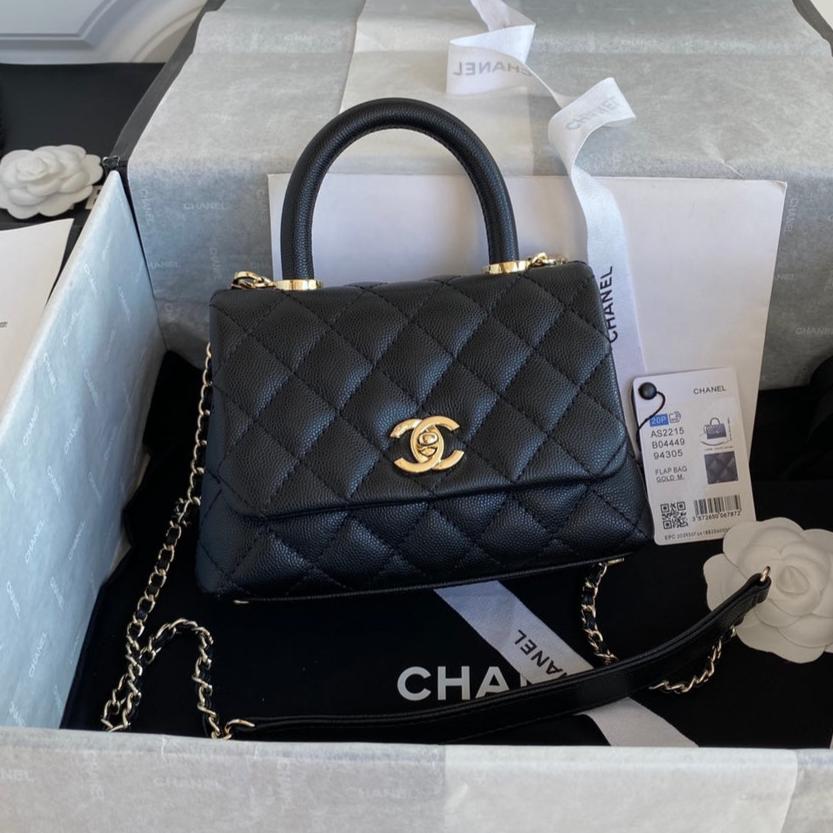 CC 24K Coco Hanle Mini 19cm Black Grained Calfskin Gold Hardware