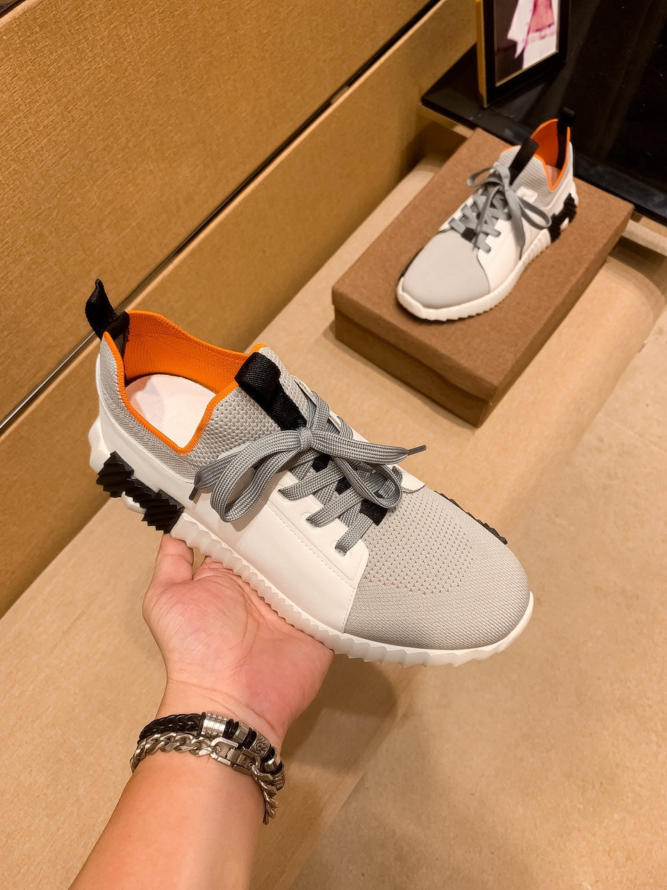 HM Men's Depart Slip-on Sneaker White Grey Knit Cowhide 263685