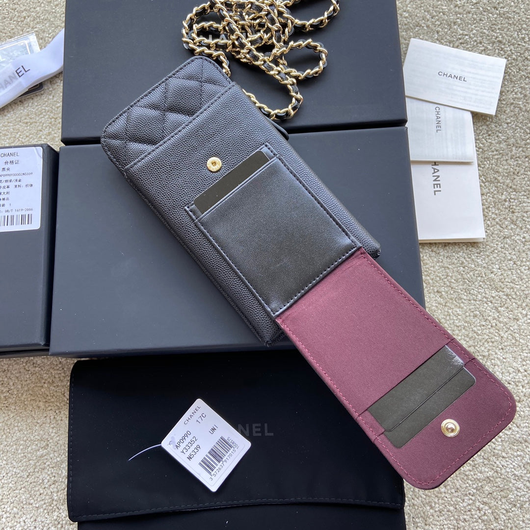 Chanel 2026 Phone Holder Crossbody Bag Black Caviar Leather
