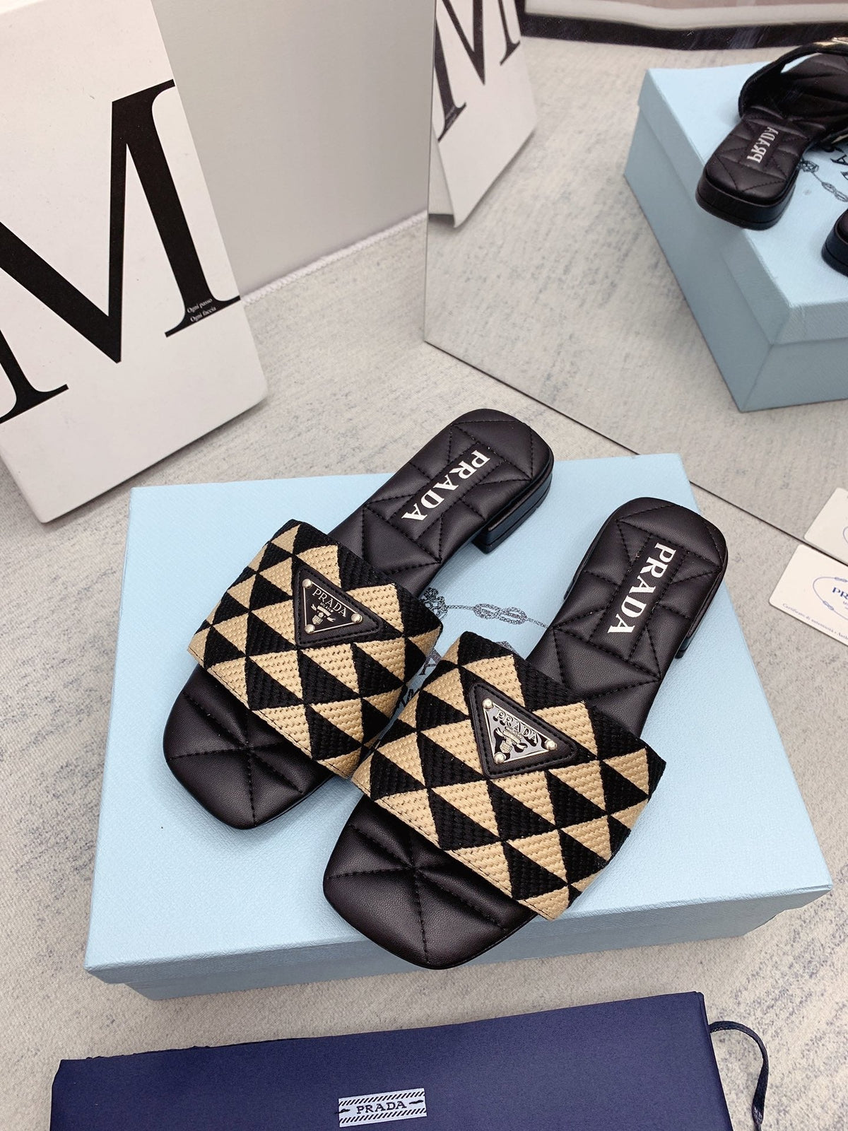 Prada 2026 Slippers Black Beige Sheepskin 731198