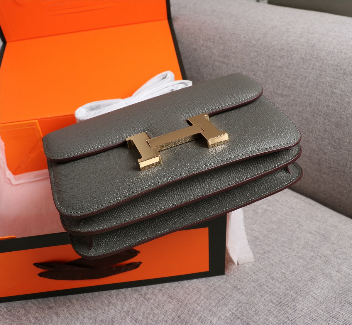 HM CONSTANCE BAGS 22 PEWTER GRAY EPSOM