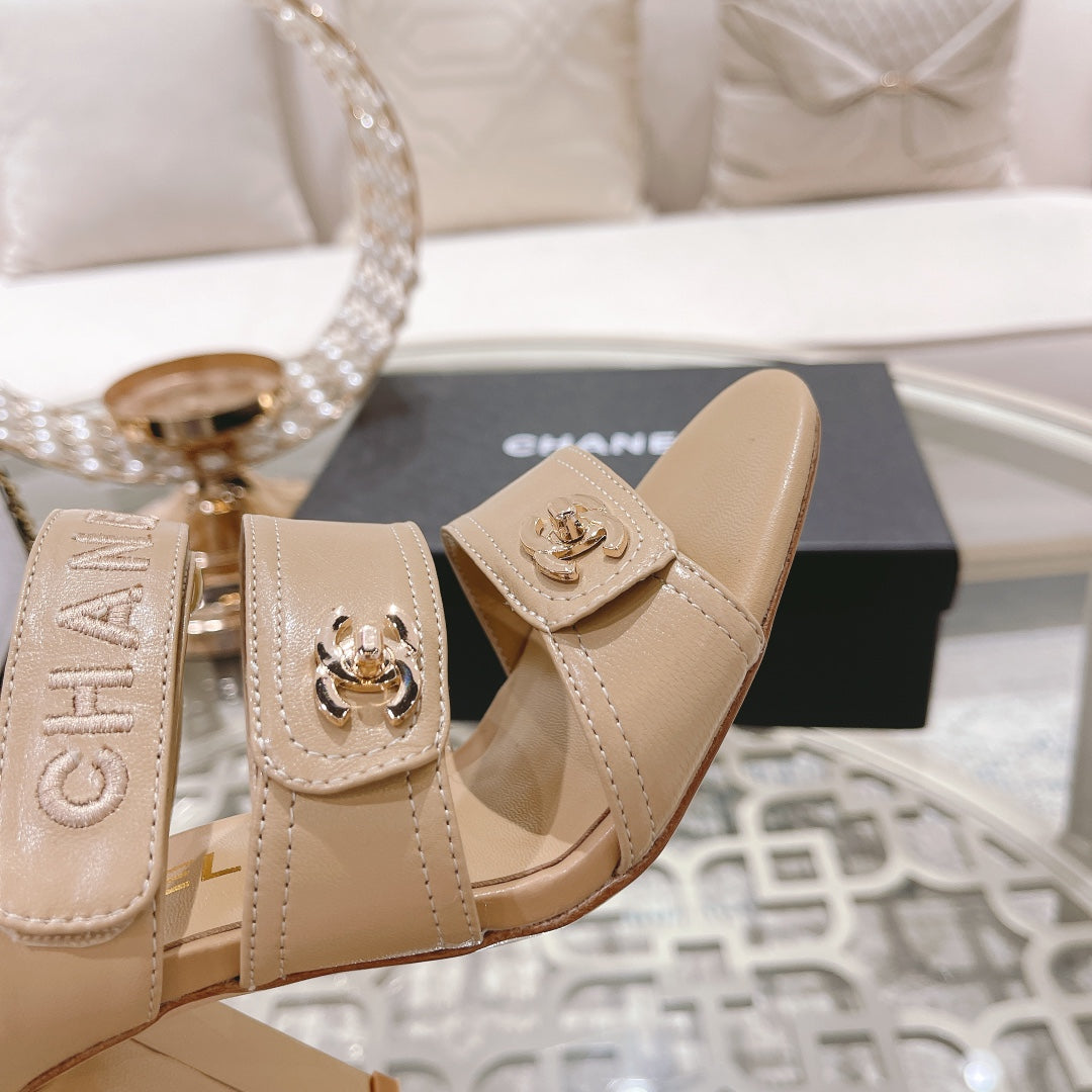 CC 25C Three Strap Sandal Mule High Heel Cream Sheepskin 213347