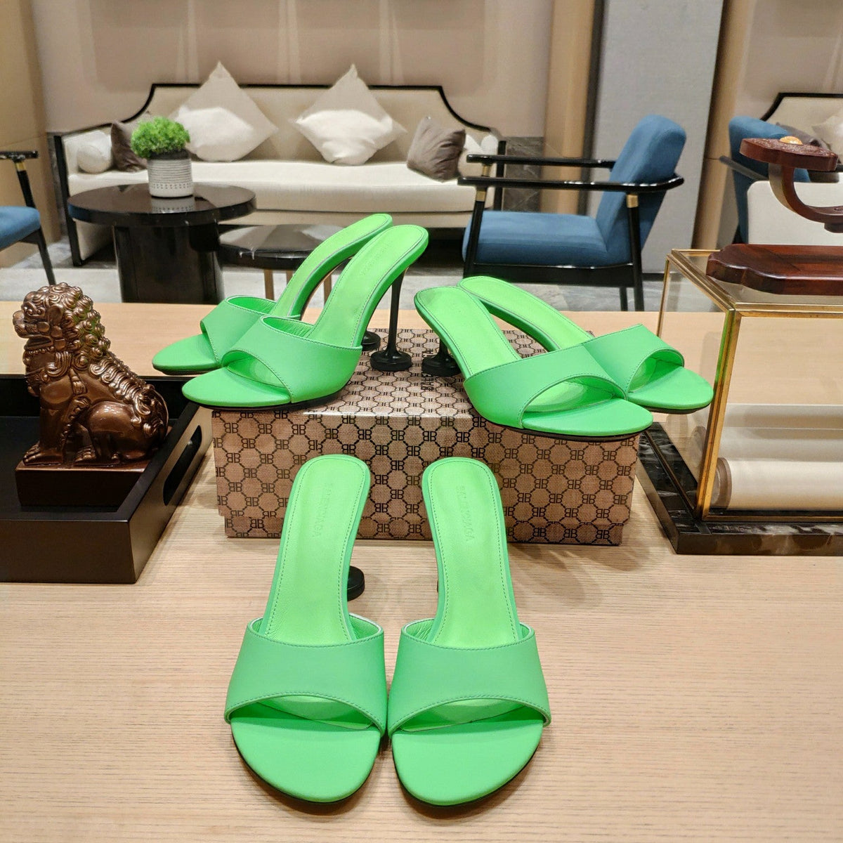 Balenciaga 26s High Heeled Sandals Green Sheepskin 681279