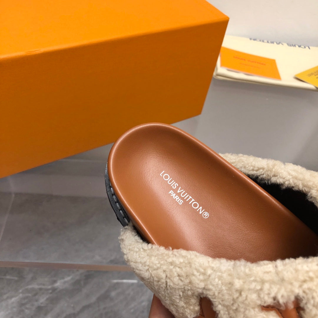 LV Paseo Flat Comfort Mule Beige Brown Fleece