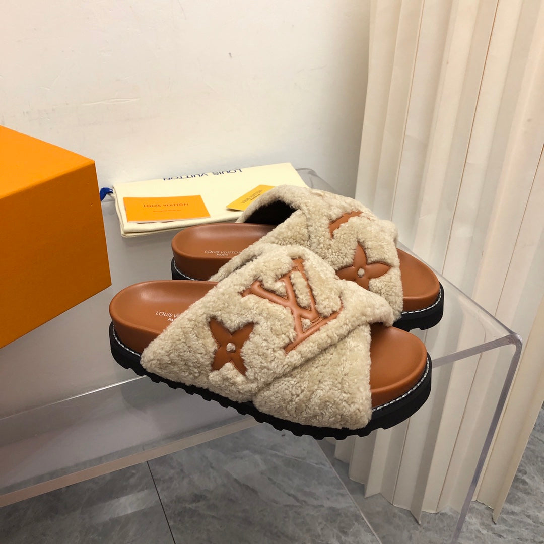 LV Paseo Flat Comfort Mule Beige Brown Fleece