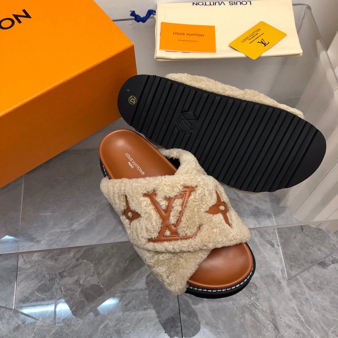 LV Paseo Flat Comfort Mule Beige Brown Fleece