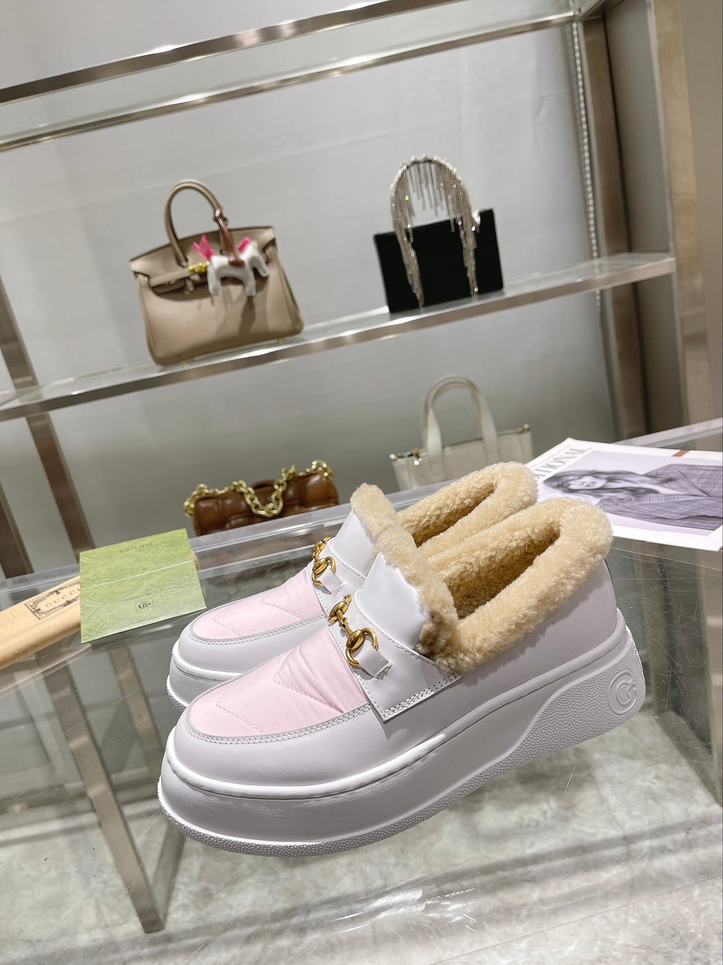 GG Snow Boots White Pink Calfskin Wool 576241