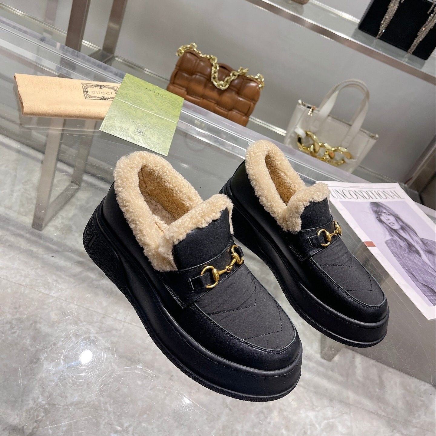 GG Snow Boots Black Calfskin Wool 576242