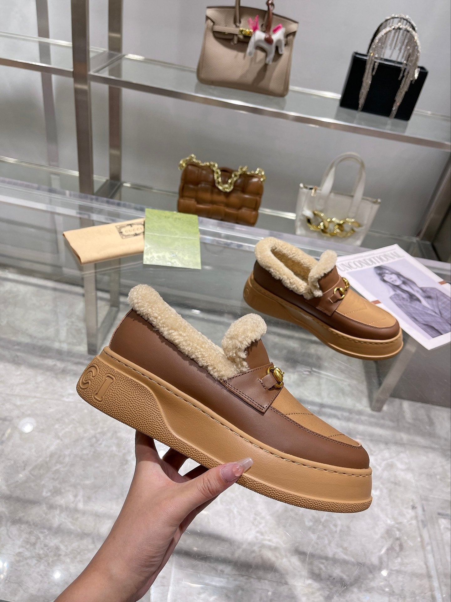 GG Snow Boots Brown Beige Calfskin Wool 576244