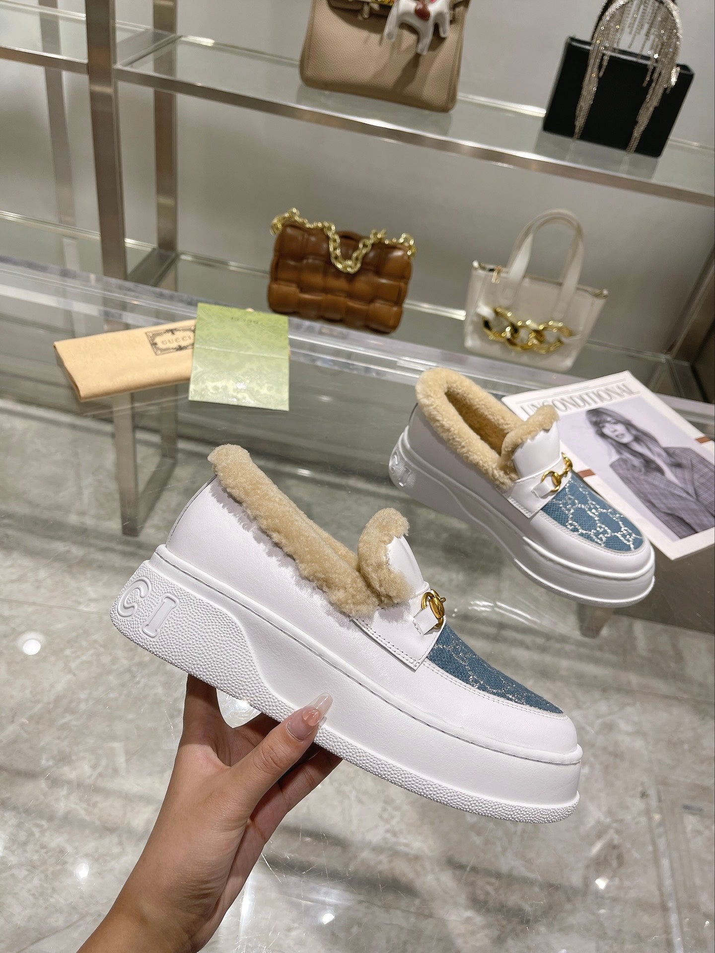 GG Snow Boots White Blue Calfskin Denim Wool 576245