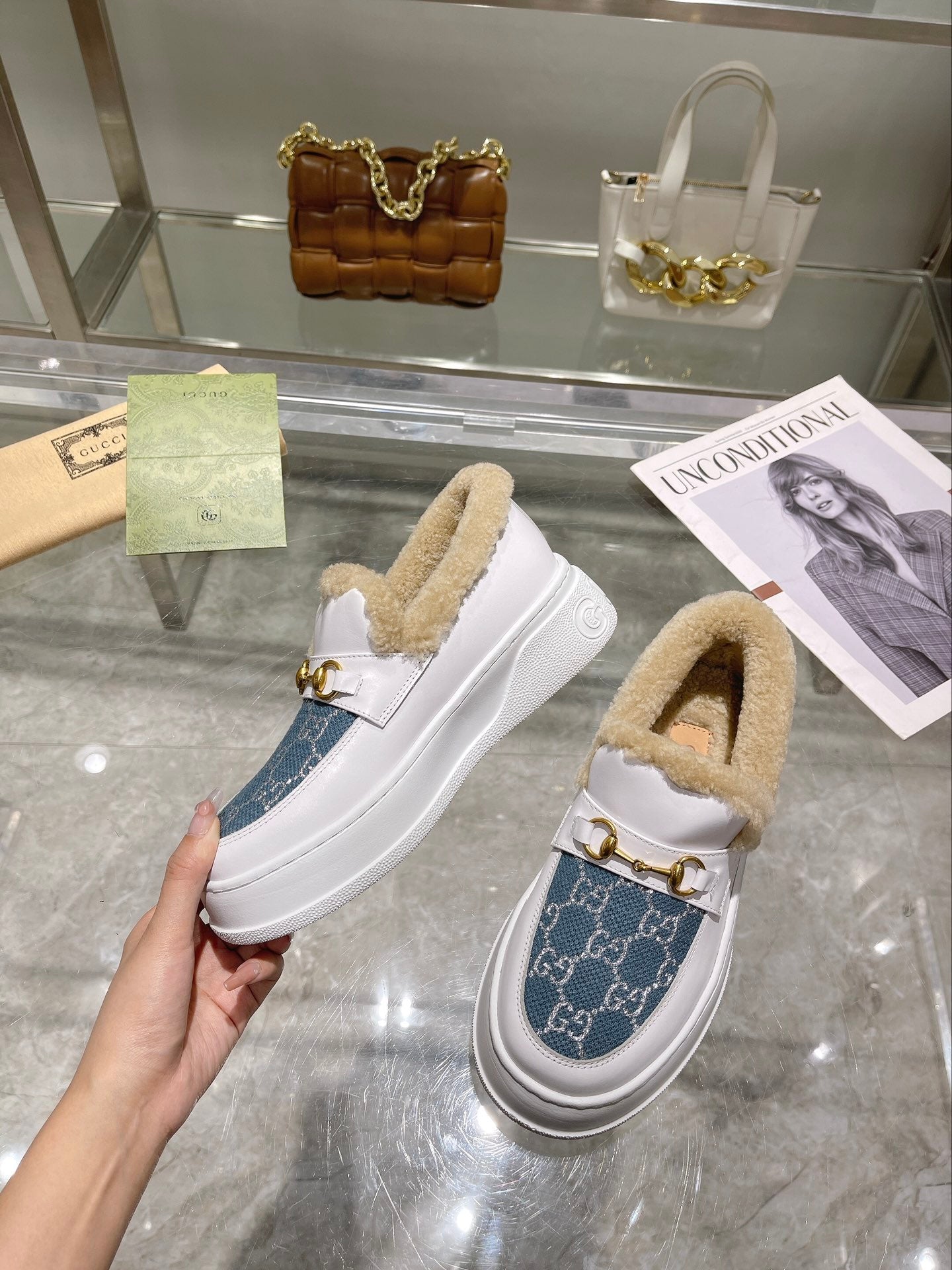 GG Snow Boots White Blue Calfskin Denim Wool 576245