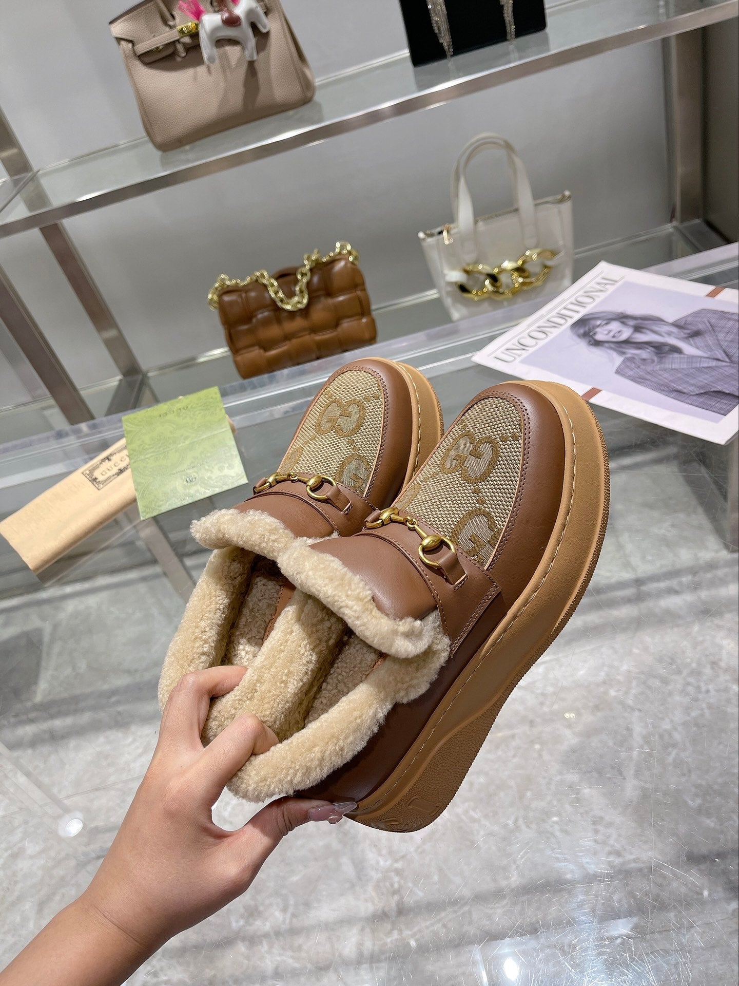 GG Snow Boots Brown Calfskin Denim Wool 576247