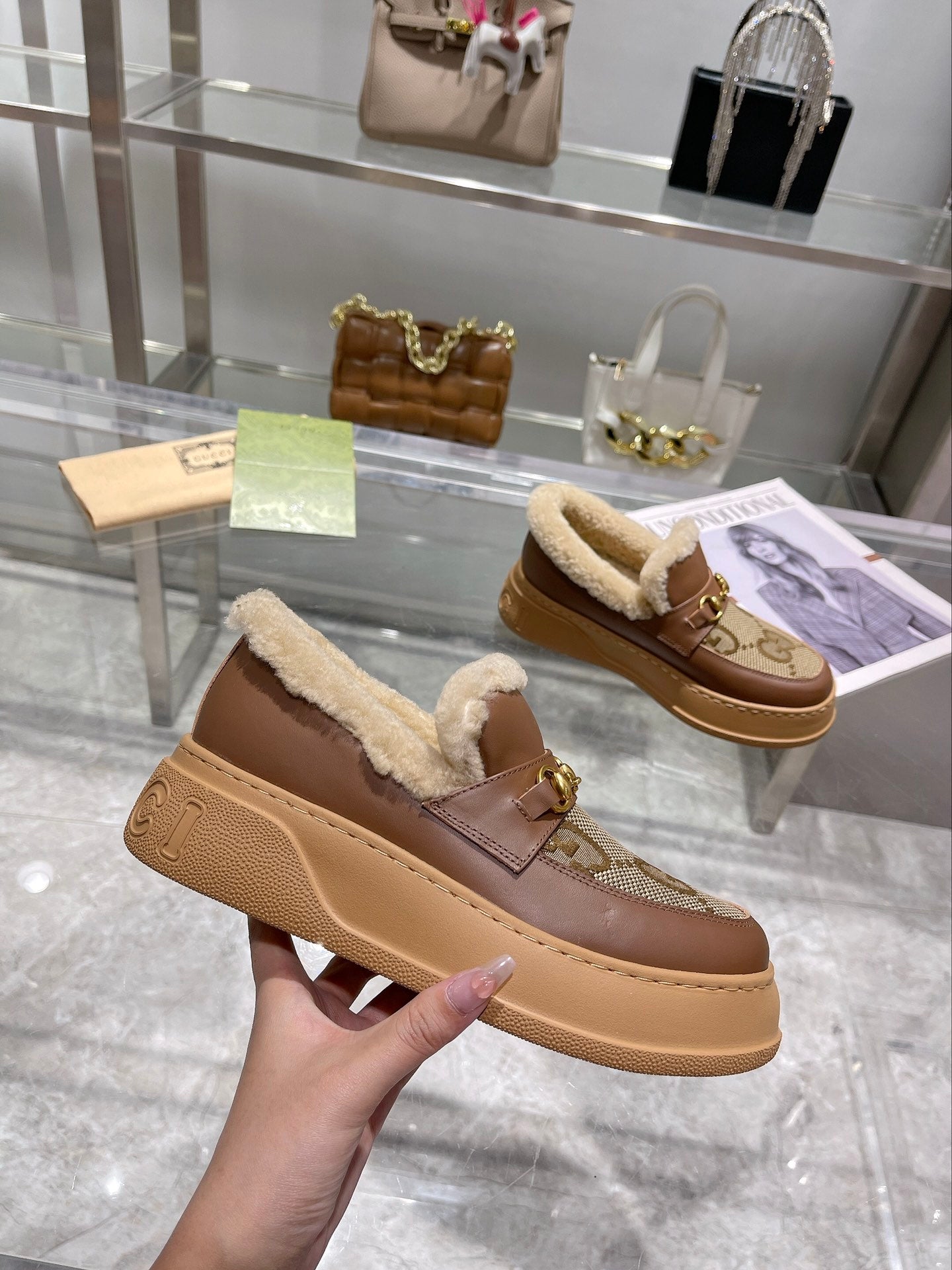 GG Snow Boots Brown Calfskin Denim Wool 576247