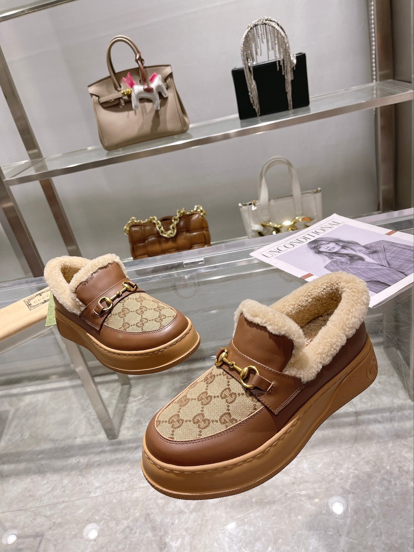 GG Snow Boots Brown Calfskin Denim Wool 576249