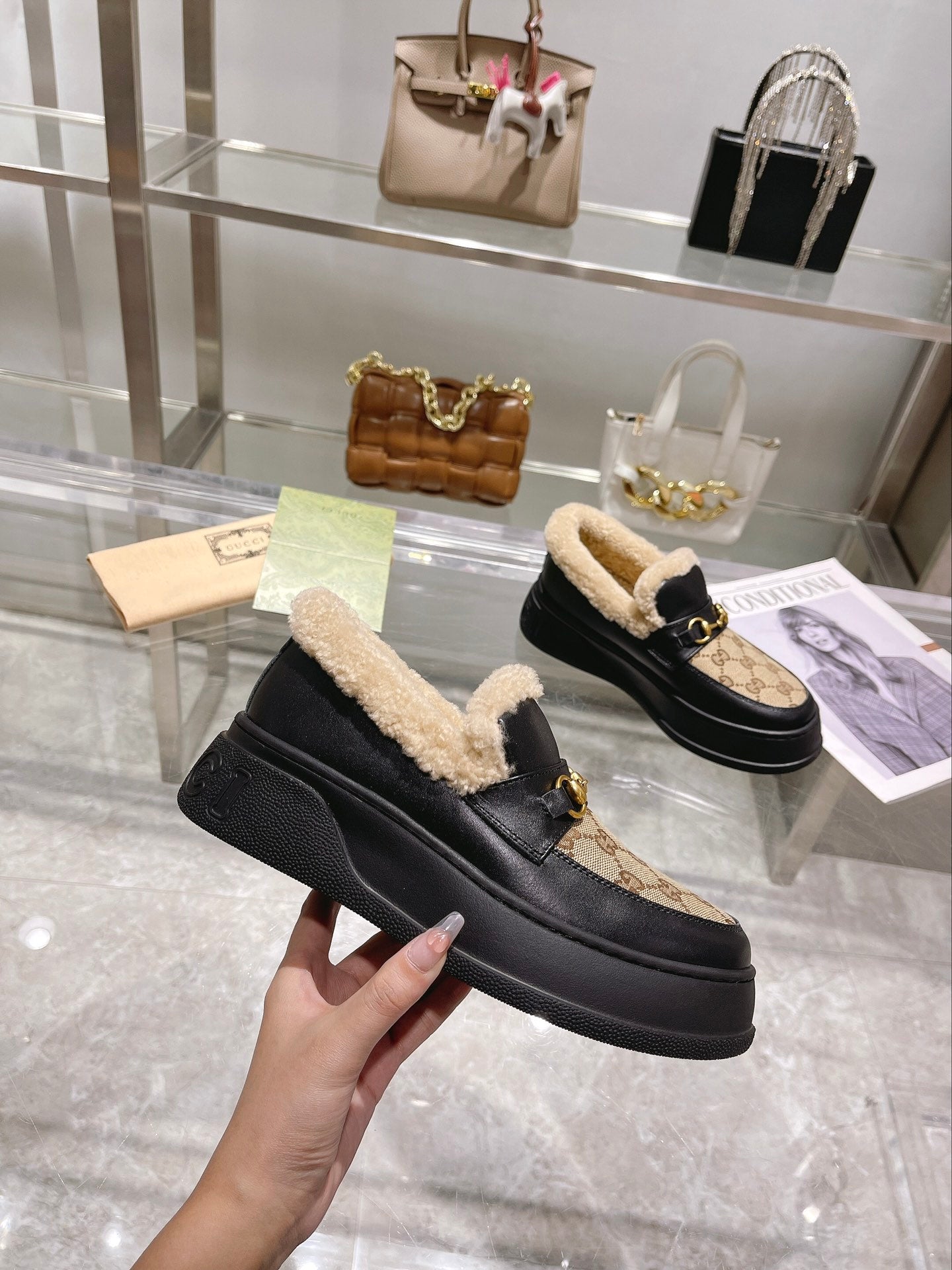 GG Snow Boots Black Beige Calfskin Denim Wool 576250