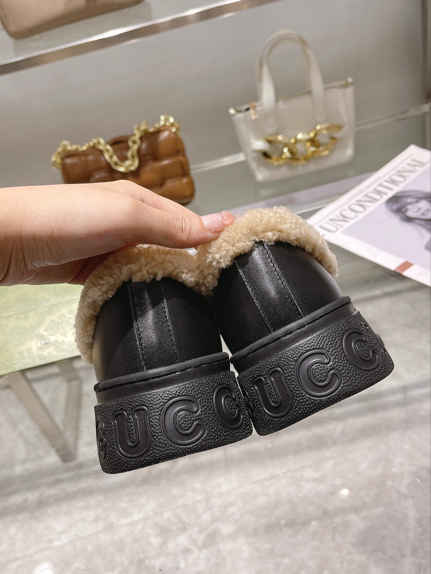 GG Snow Boots Black Beige Calfskin Denim Wool 576250