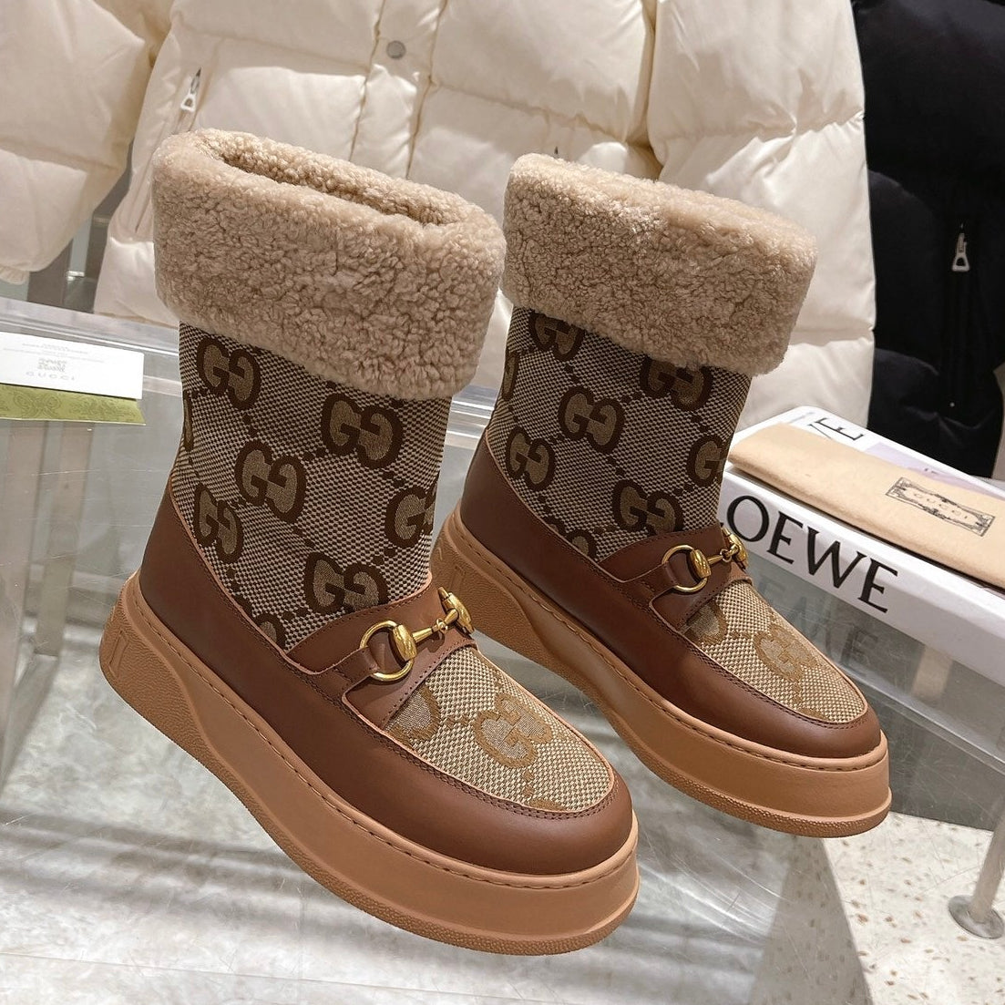 Gucci 2025 Monogram Boot Brown Beige Ebony Wool Canvas Calfskin 564684