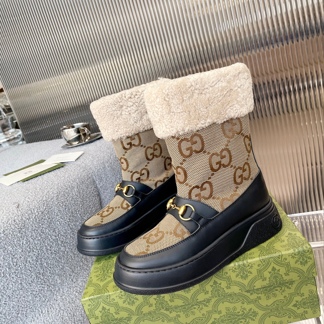 Gucci 2025 Monogram Boot Black Beige Wool Canvas Calfskin 564685