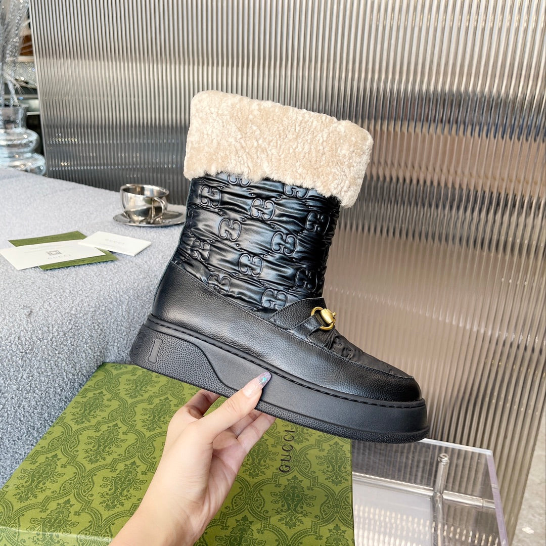 Gucci 2025 Monogram Boot Black Beige Wool Calfskin 564686