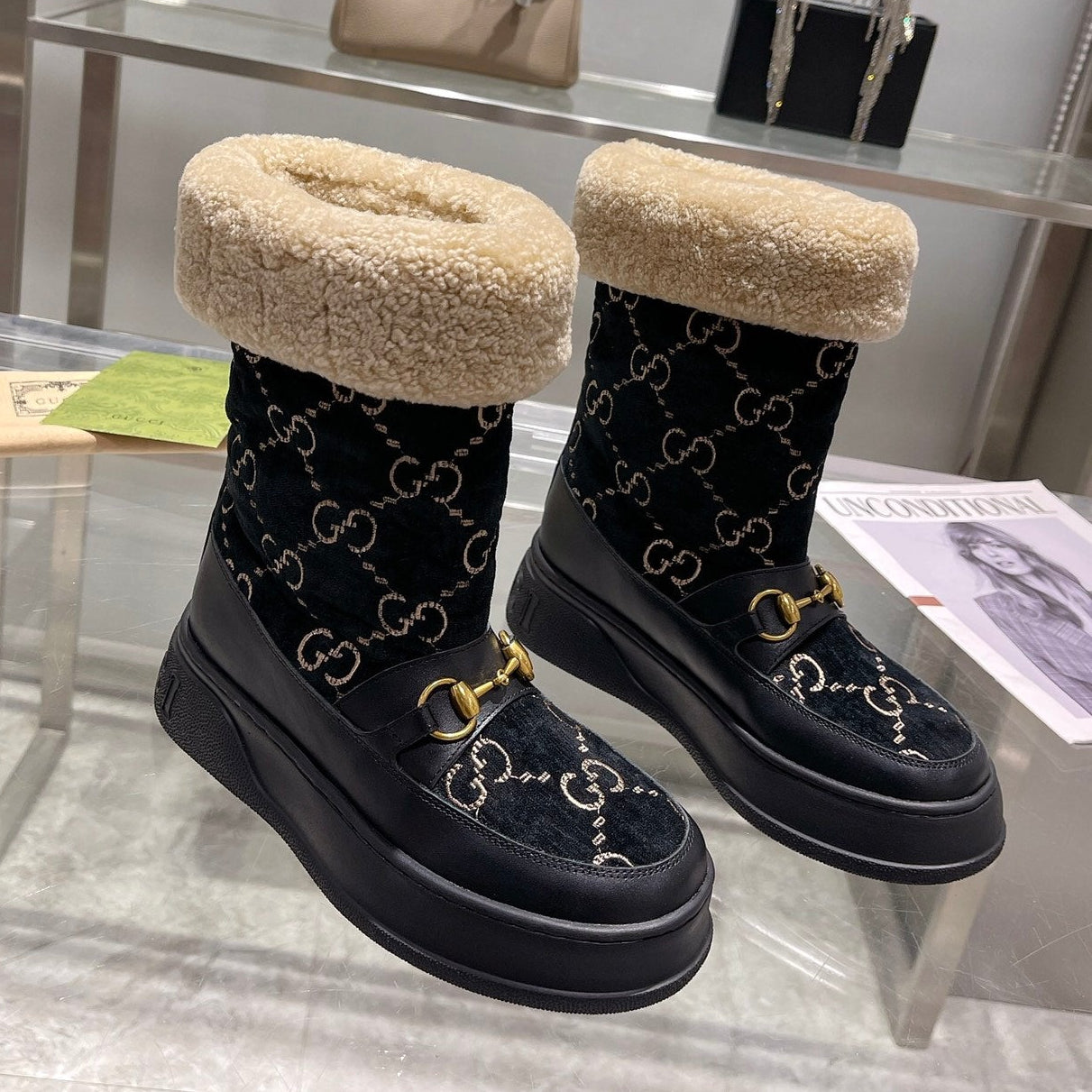 Gucci 2025 Monogram Boot Black Beige Wool Suede Calfskin 564687
