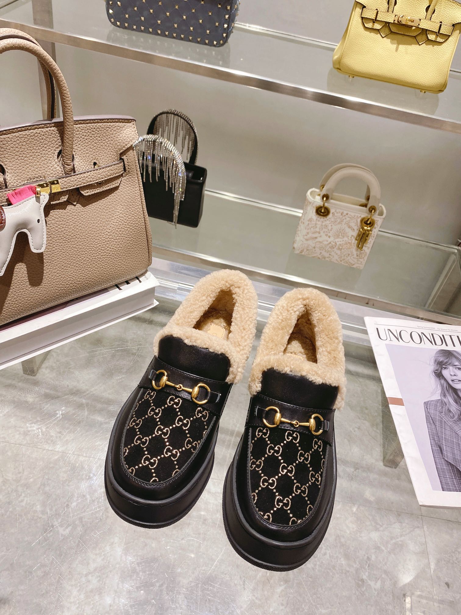 GG Snow Boots Black Cowhide Wool 576234