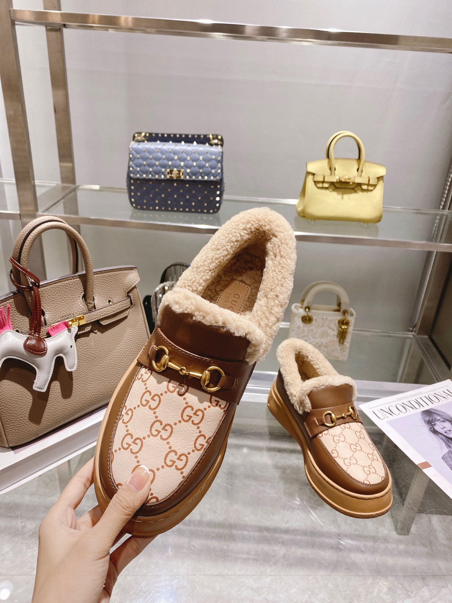 GG Snow Boots Brown Beige Cowhide Wool 576235