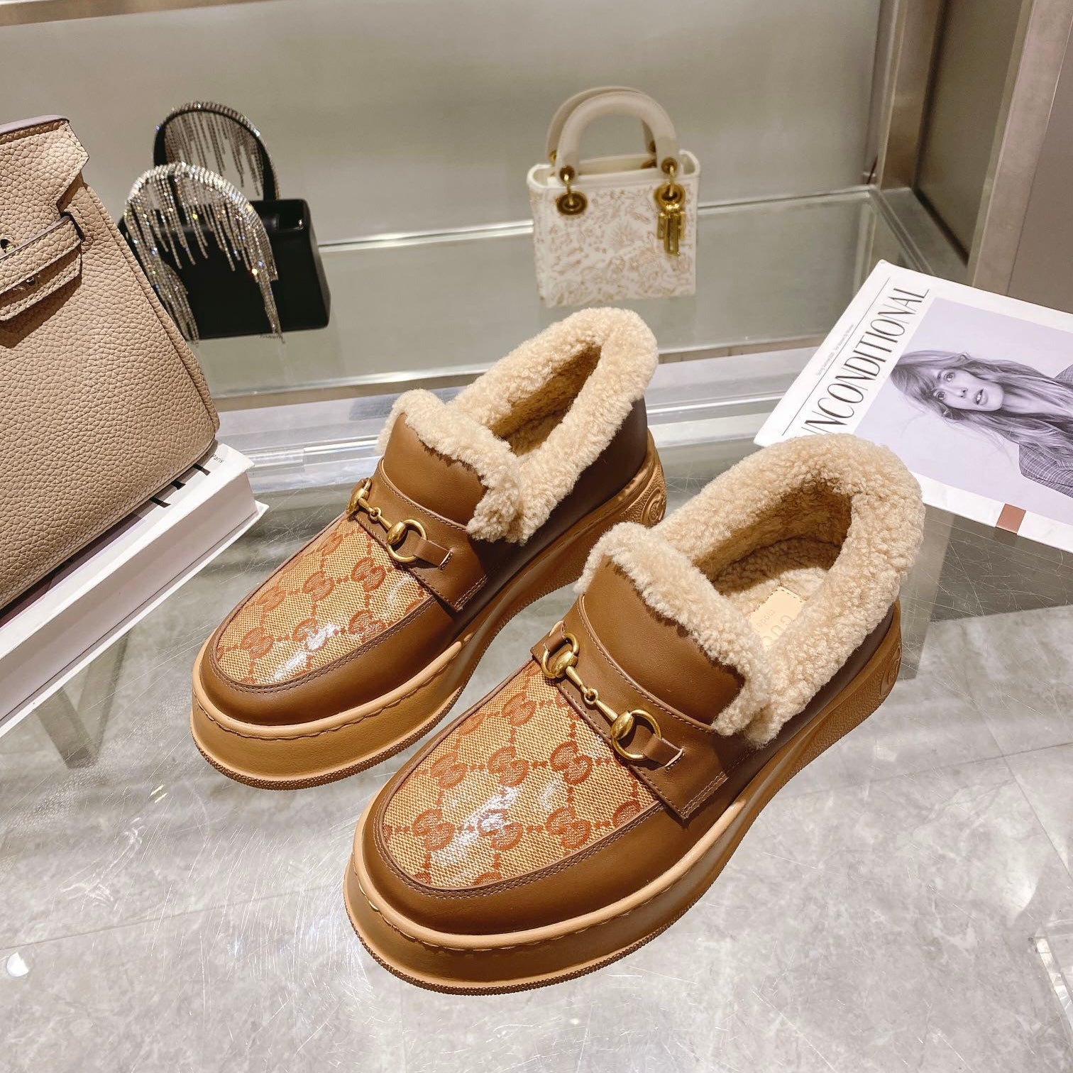 GG Snow Boots Brown  Patent Calfskin Wool 576237