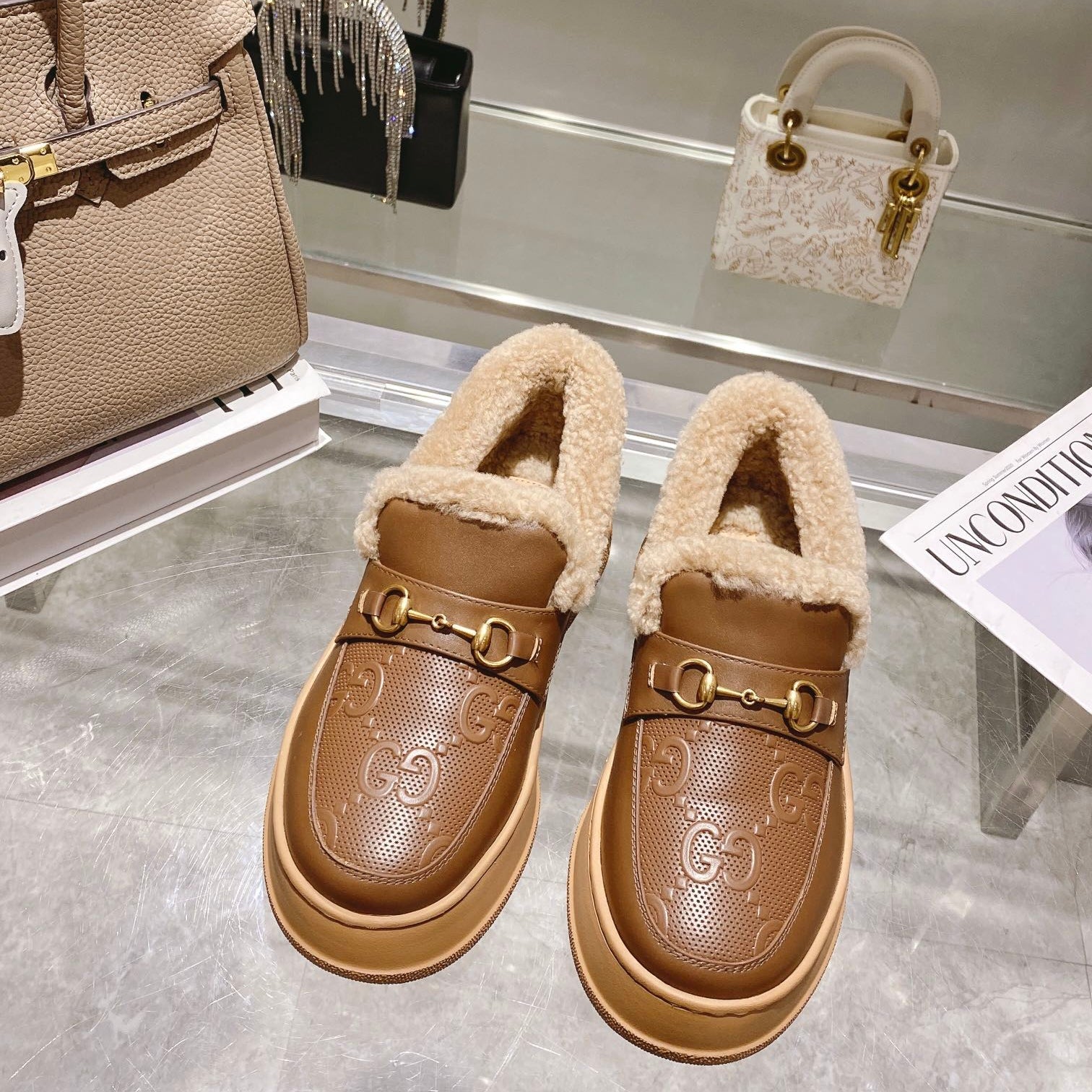 GG Snow Boots Brown Calfskin Wool 576240