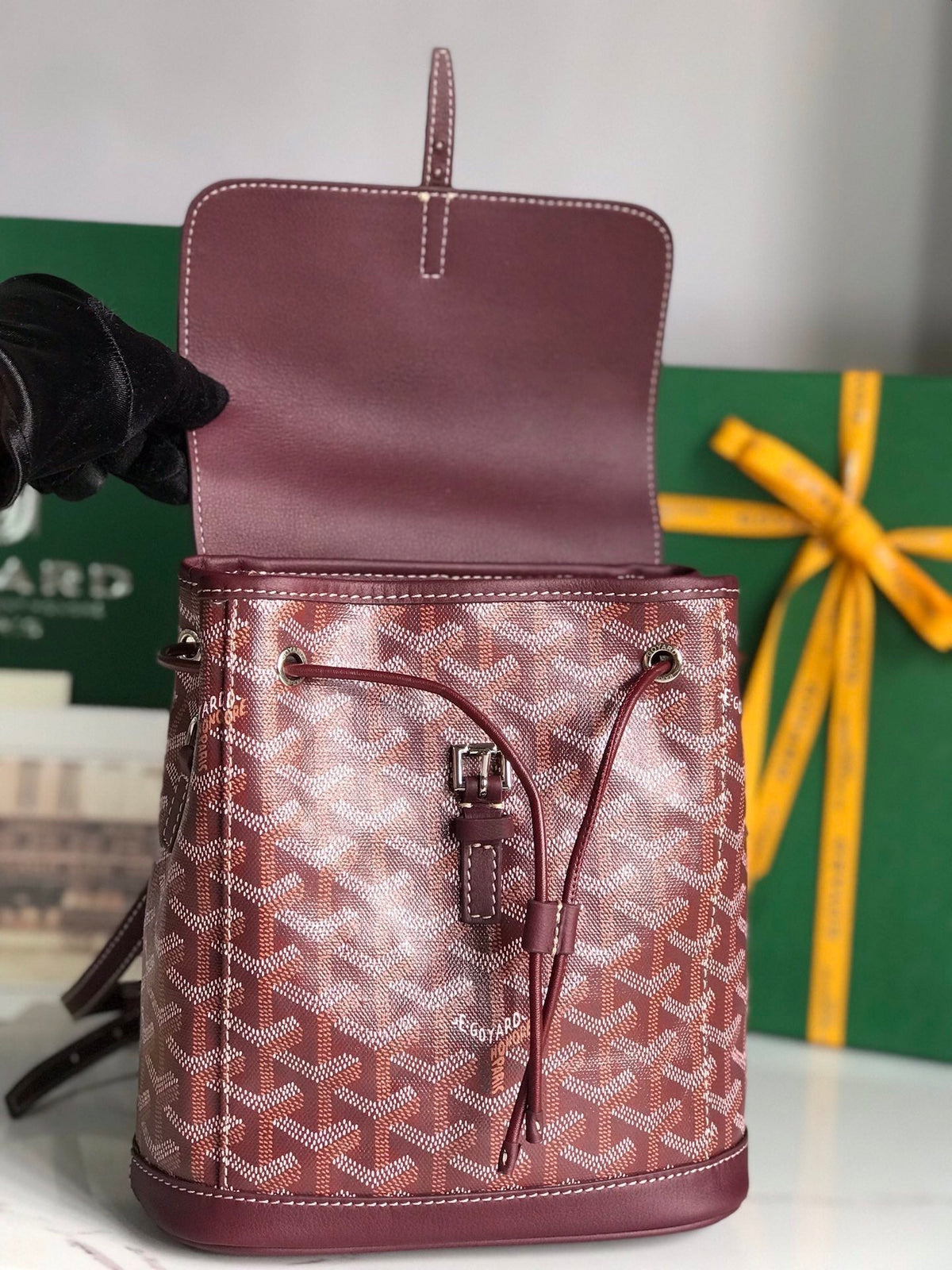 ALPIN MINI BACKPACK 21 IN WINE RED LAMBSKIN AND GOYARDINE CANVAS