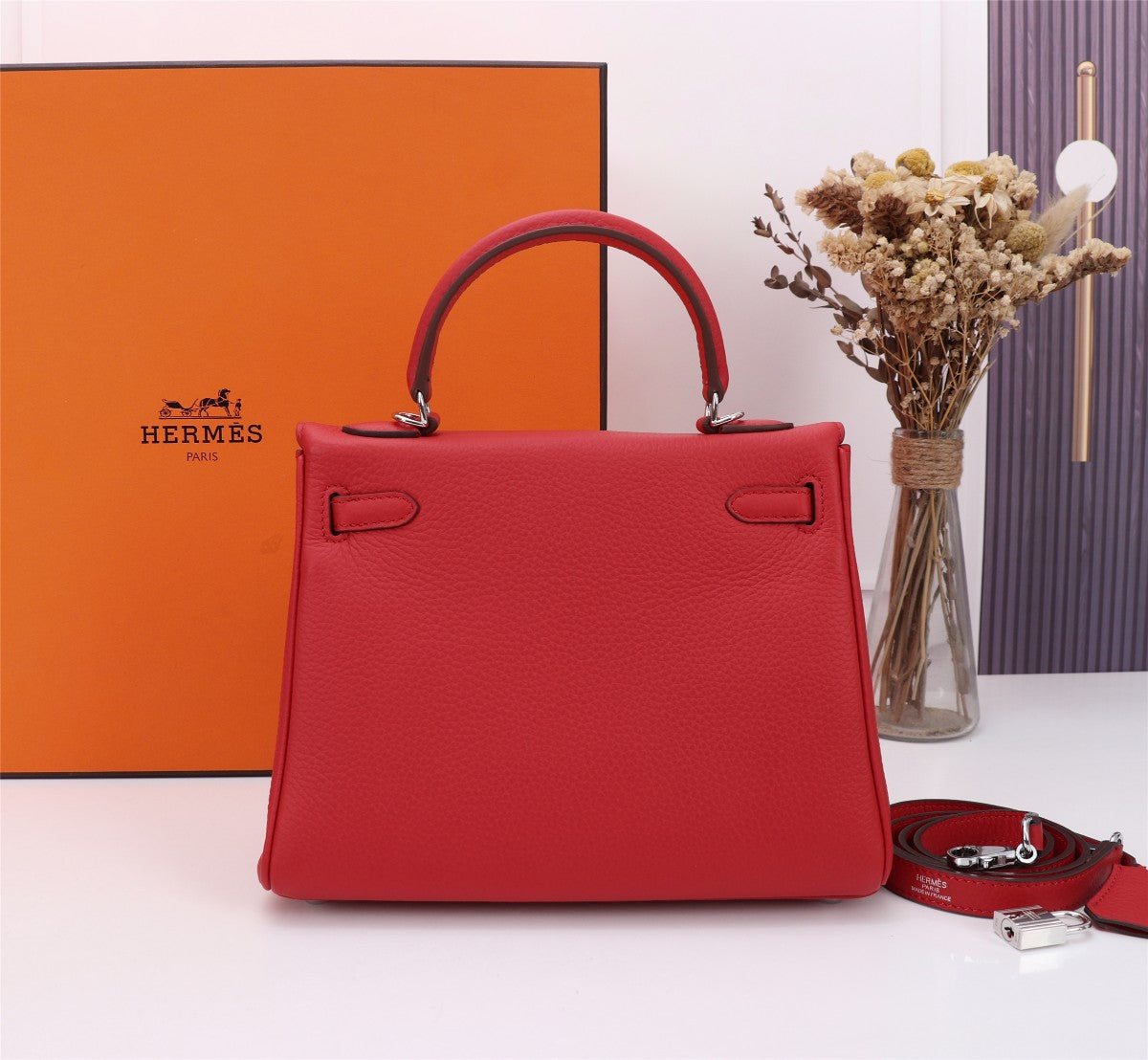 HM KELLY BAG 28 RED TOGO SILVER HARDWARE