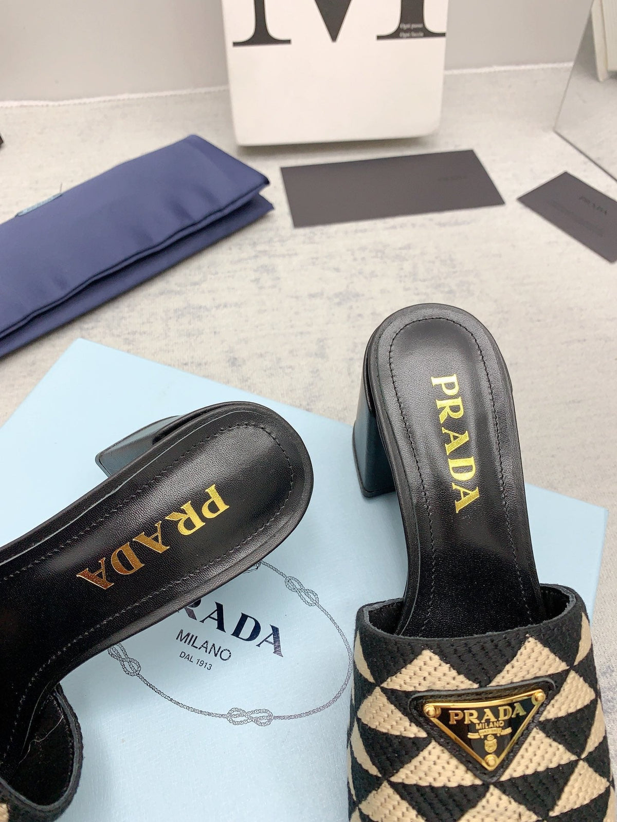 Prada 2026 High Heel Slippers 65 Embroidery Fabric Sheepskin