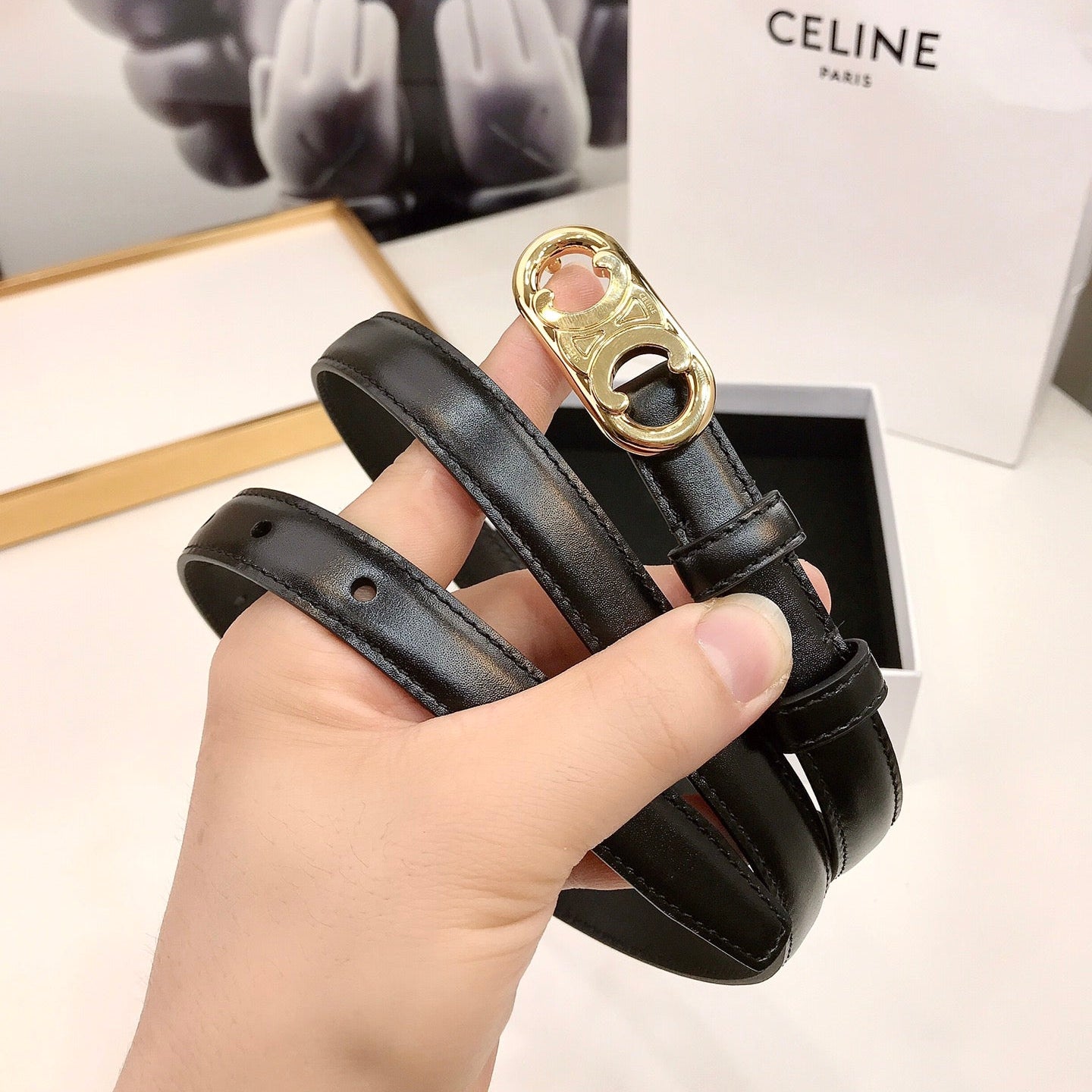 CL Gold 18mm Triomphe Enamel Black Cowhide 608384