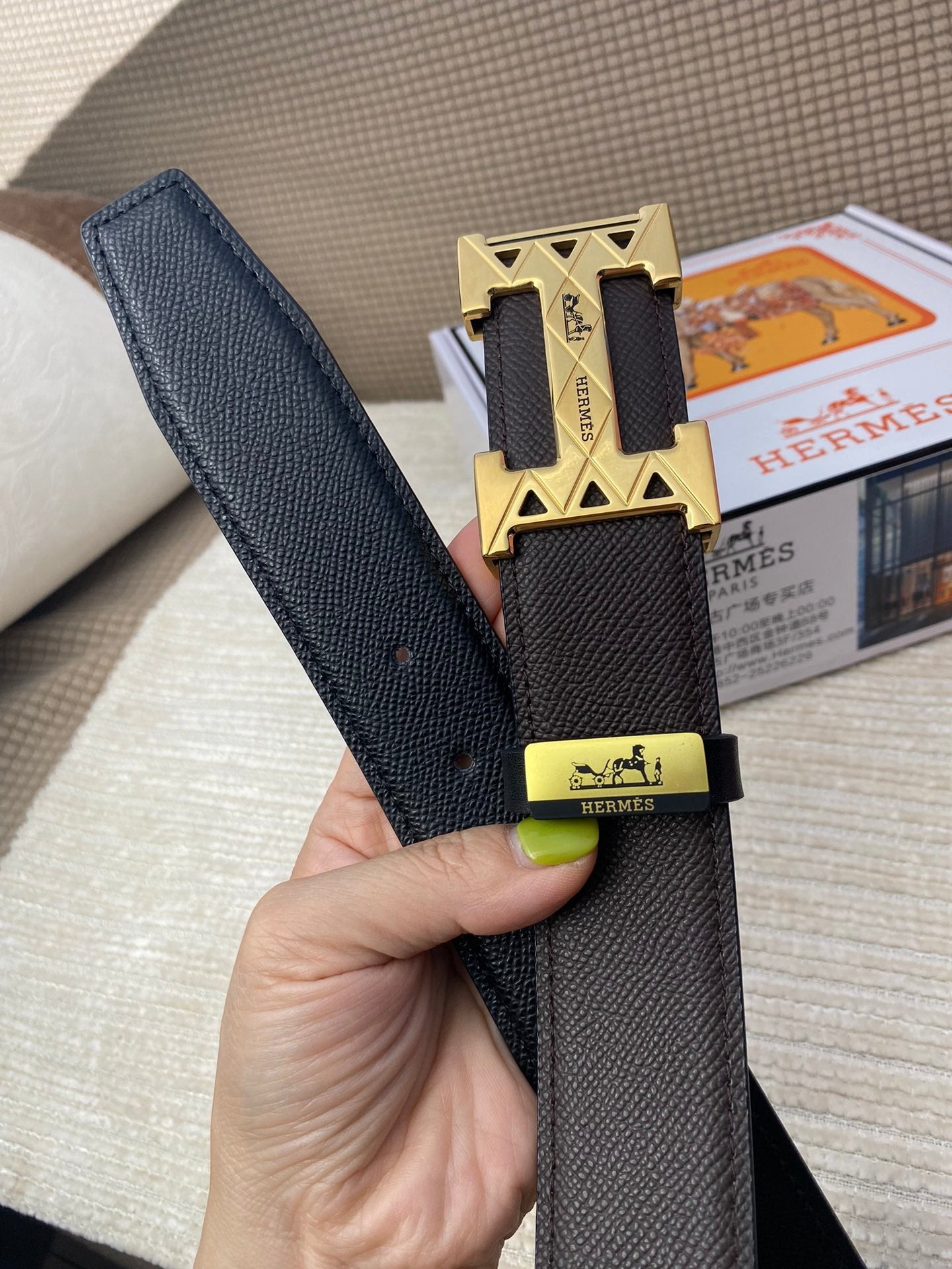 HM Belt 38mm Chocolate Black Cowhide Leather Gold Buckle 619065