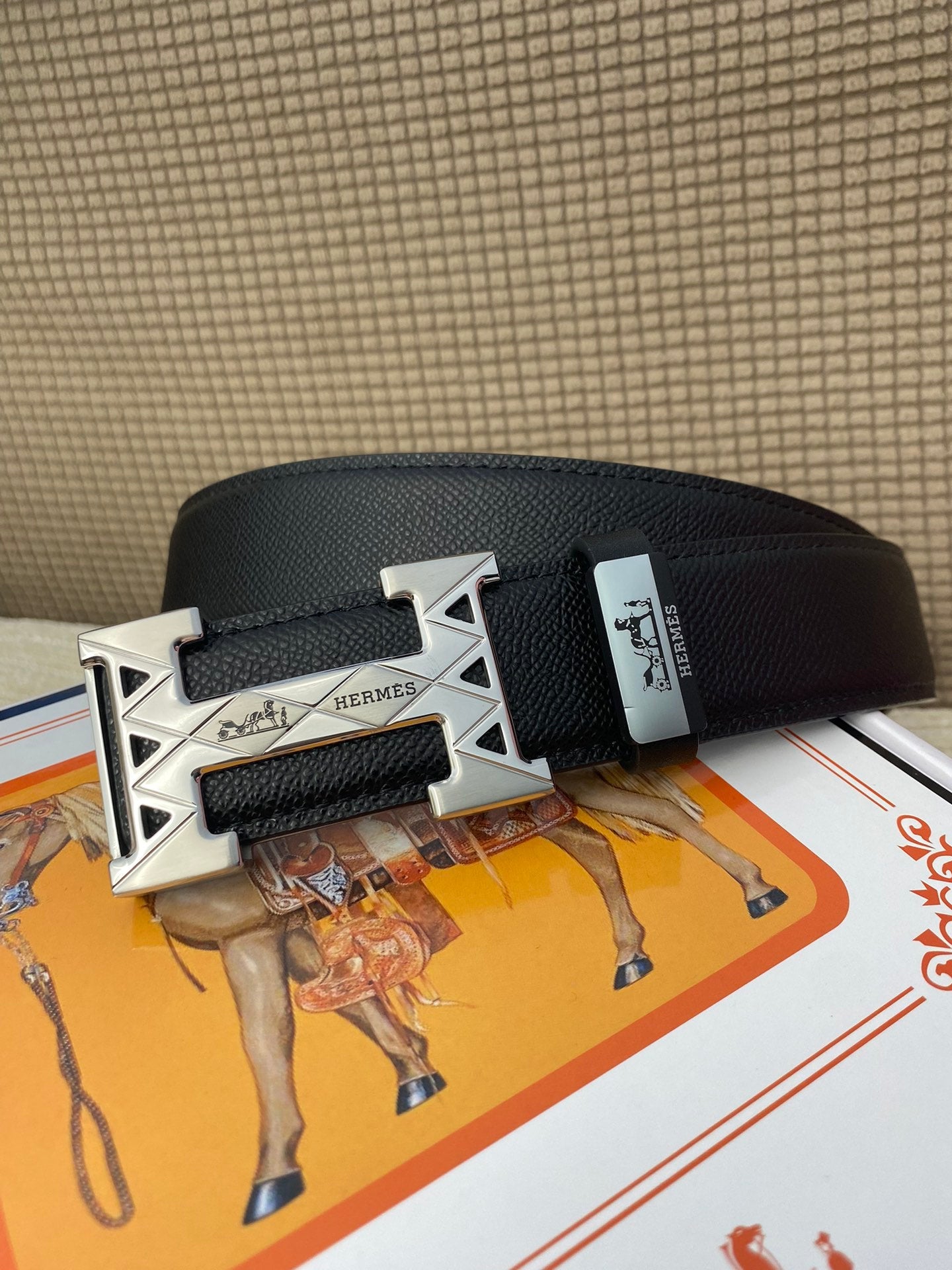 HM Belt 38mm Black Cowhide Leather Sliver Buckle 619066