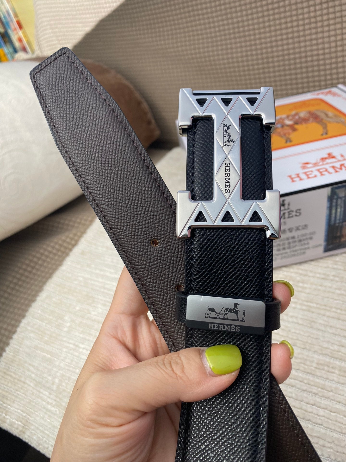 HM Belt 38mm Black Cowhide Leather Sliver Buckle 619066