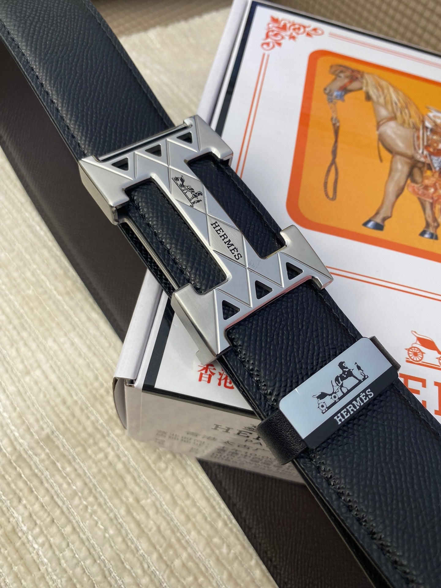 HM Belt 38mm Black Cowhide Leather Sliver Buckle 619066