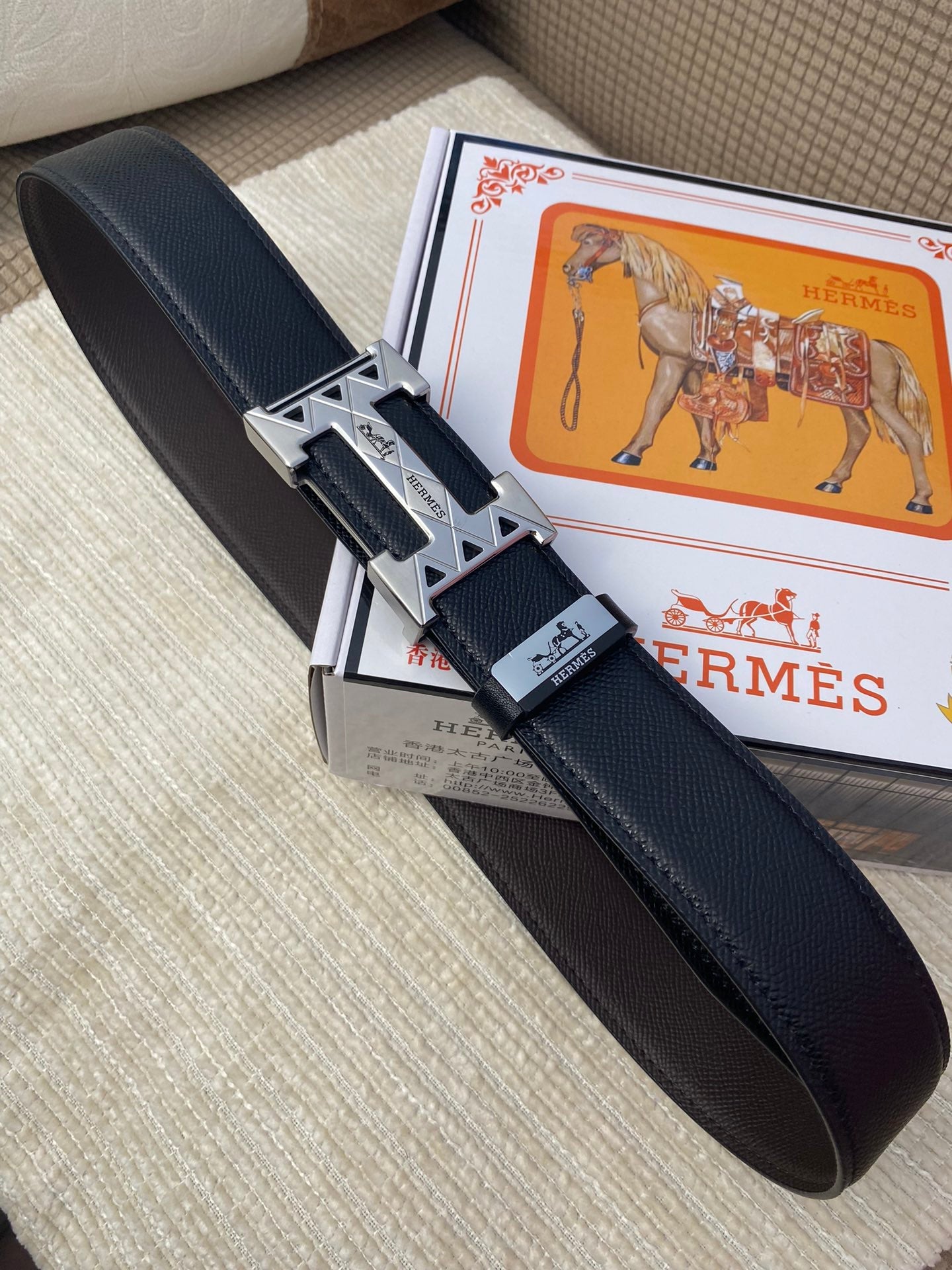 HM Belt 38mm Black Cowhide Leather Sliver Buckle 619066