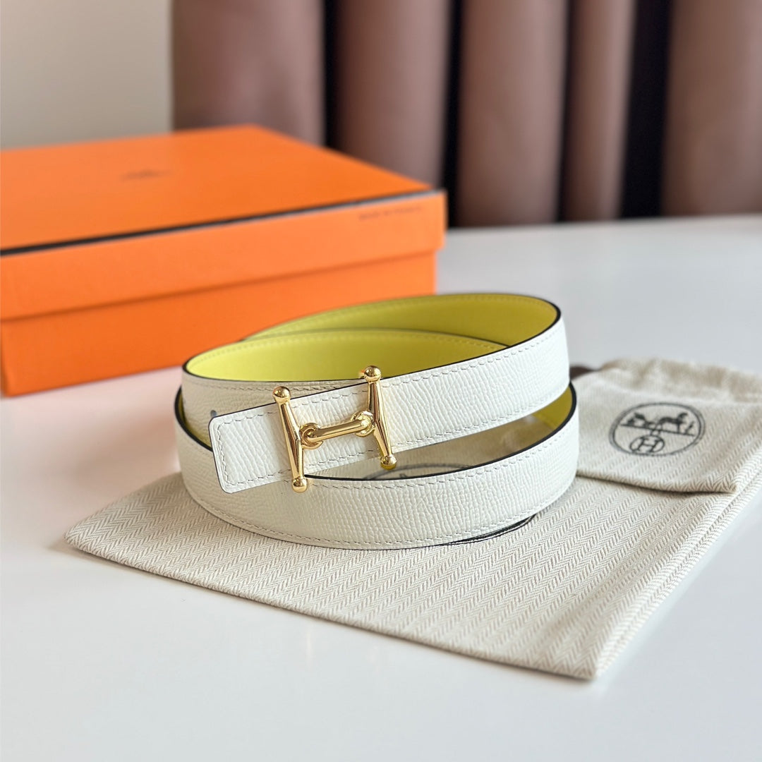 HM Gold Mors H buckle & Reversible 24 mm belt Yellow Beige leather 125368