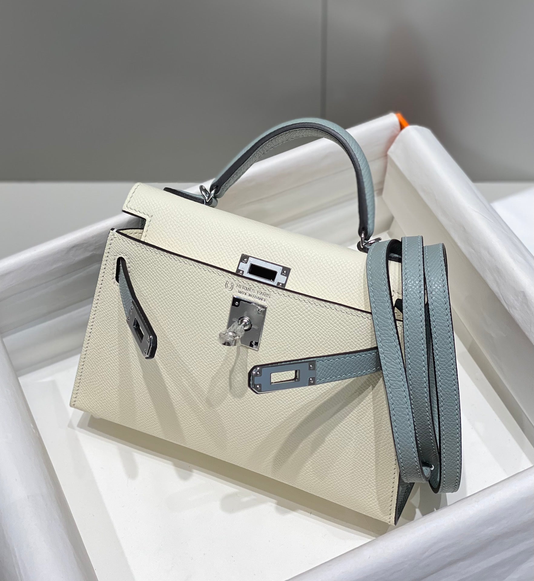 HM Mini Kelly 19cm Cream Cloud Blue Epsom Silver Hardware