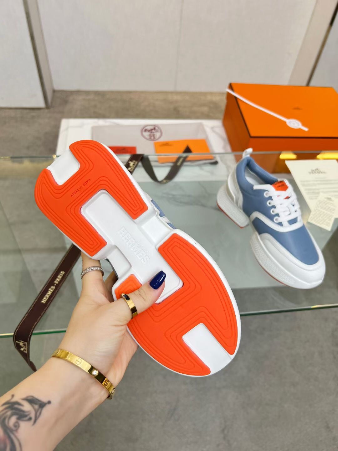 HM Giga 50 Sneaker Light Blue Canvas White Goatskin Orange